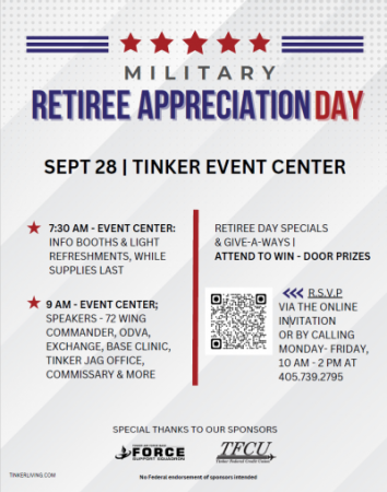 Military Retiree Appreciation Day on Tinker AFB, 28 September 2024, RSVP Required