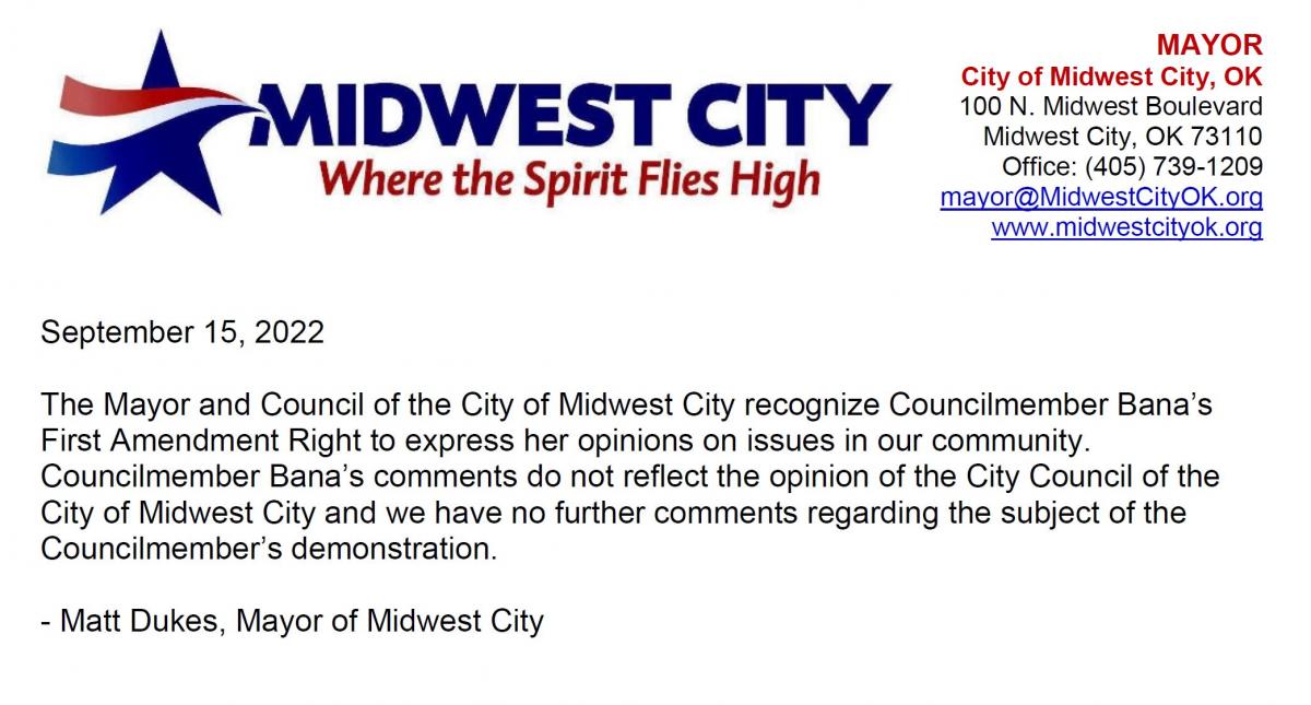 Mayor Dukes Statement Regarding 9/15/2022 Demonstration at the City Hall of Midwest City
