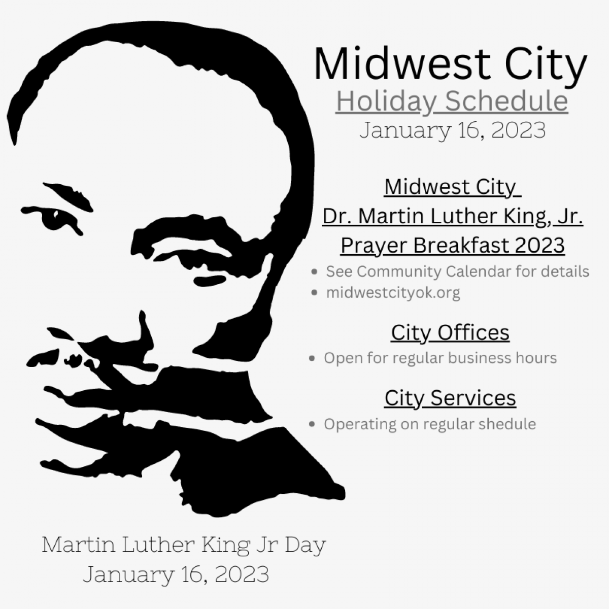 Holiday Schedule - Martin Luther King Jr Day 2023 | Midwest City Oklahoma